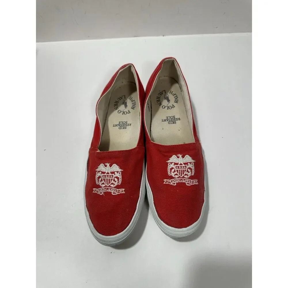 Polo Ralph Lauren Slip-On Red Canvas Casual Shoes Women Logo W142384 Sz 7.5 READ